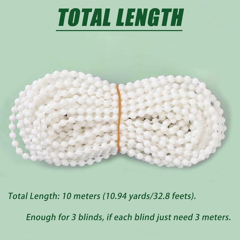 Antfly 10 Meters (32.8 Feet) Roller Blind Bead Chain Cord Roman Venetian Honeycomb Vertical Shade Blind Cord with 10 PCS Connectors for Roller Blind Replacement Parts White (Normal Version) - Image 3
